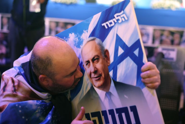 epa13335326 A supporter of Israeli Prime Minister Benjamin Netanyahu reacts to the first exit polls at a Likud party election event in Jerusalem, 27 October 2026. Israelis headed to the polls in the first nationwide 26th Knesset (legislative) elections since the Hamas-led 07 October 2023 attack. EPA/ABIR SULTAN