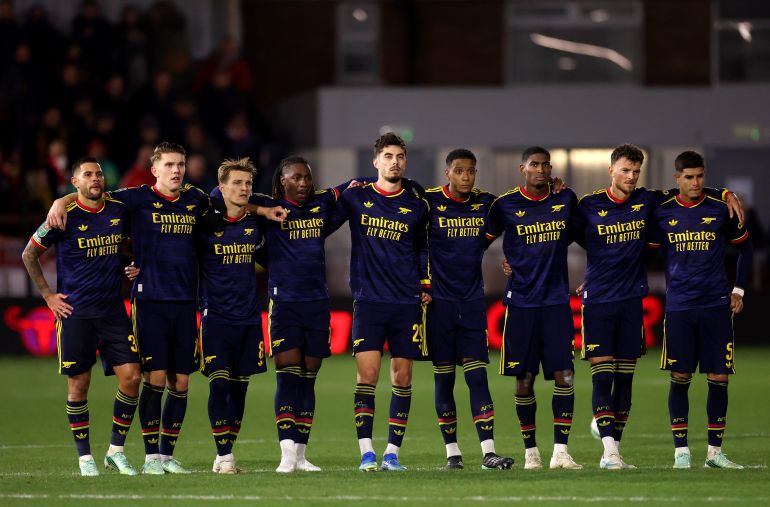 FLEETWOOD, ENGLAND - OCTOBER 27: Arsenal players line up for the penalty shootout during the Carabao Cup Fourth Round match between Fleetwood Town and Arsenal at Highbury Stadium on October 27, 2026 in Fleetwood, England. (Photo by Carl Recine/Getty Images)