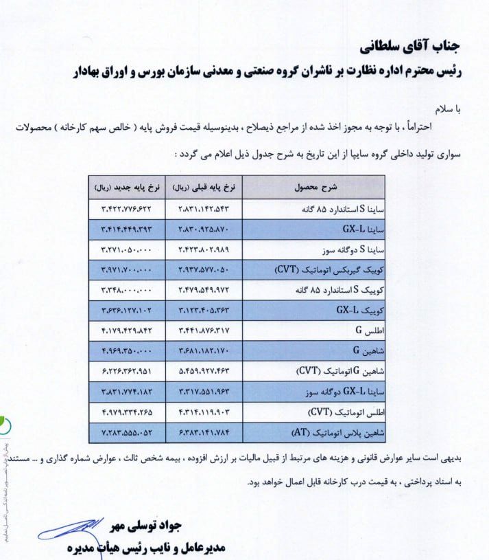 قیمت خودرو رسما گران شد/ انتشار فهرست قیمت‌های جدید