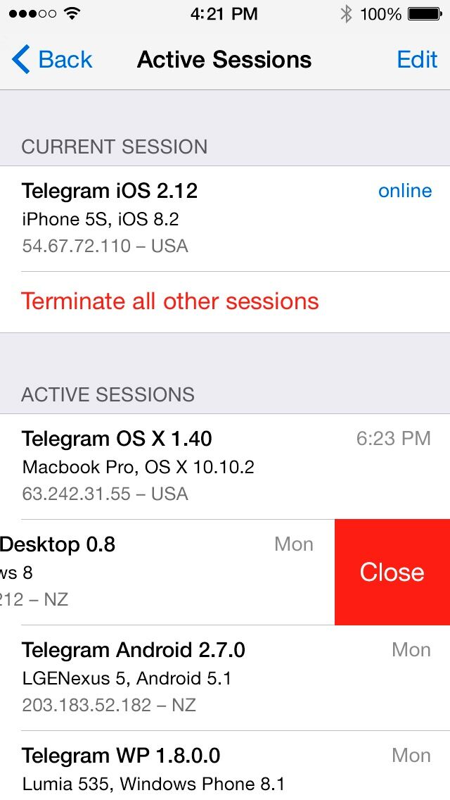 صفحه نشست‌های فعال در Telegram
