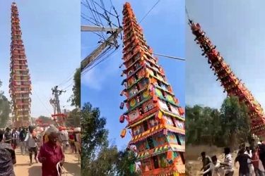 لحظه هولناک سقوط ارابه معبد ۳۰ متری روی جمعیت/ ویدئو