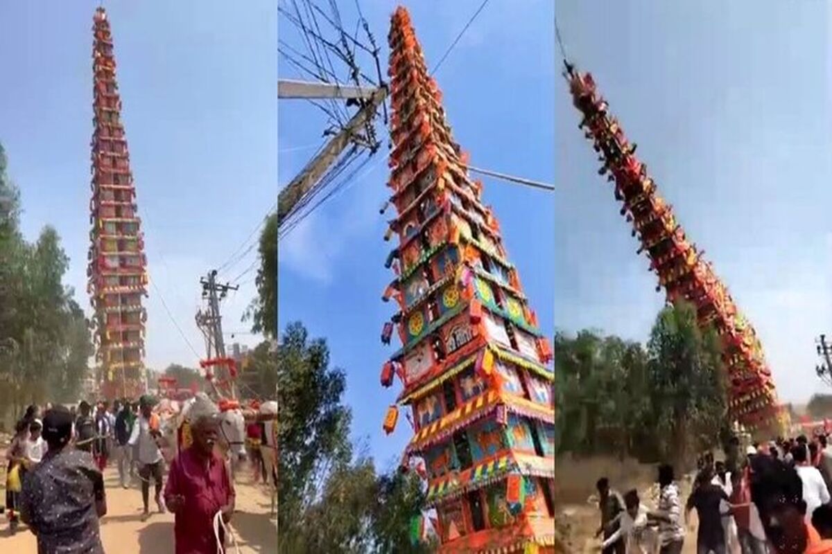 لحظه هولناک سقوط ارابه معبد ۳۰ متری روی جمعیت/ ویدئو